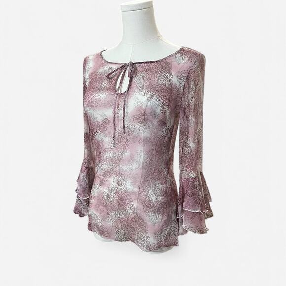 VTG Y2K Timid Sheer Pink & Brown Silk Paisley Keyhole Bell Sleeve Fairycore Top - Picture 4 of 8